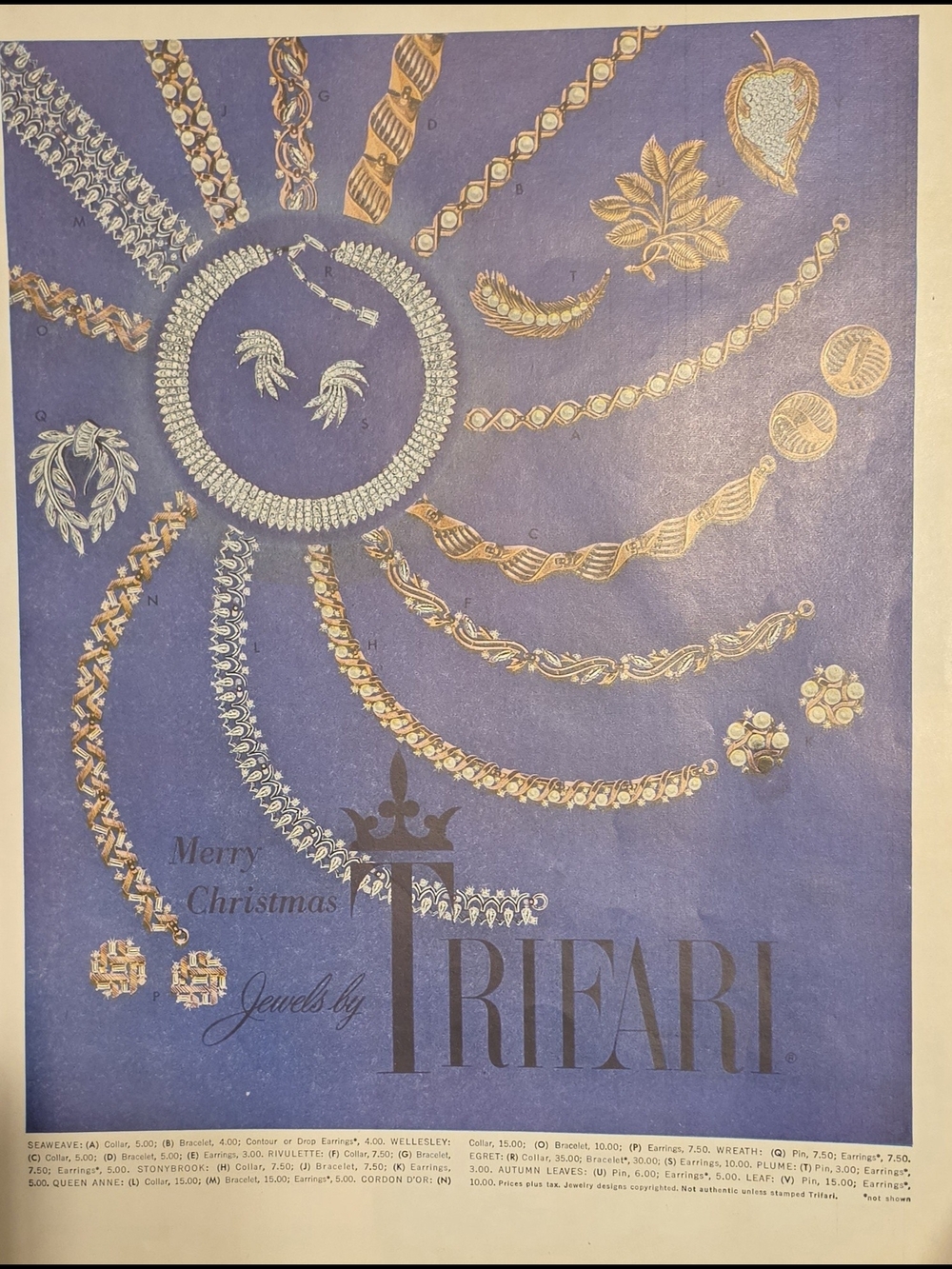 Trifari Gold and Silver Tone Jewelry Print on Blue